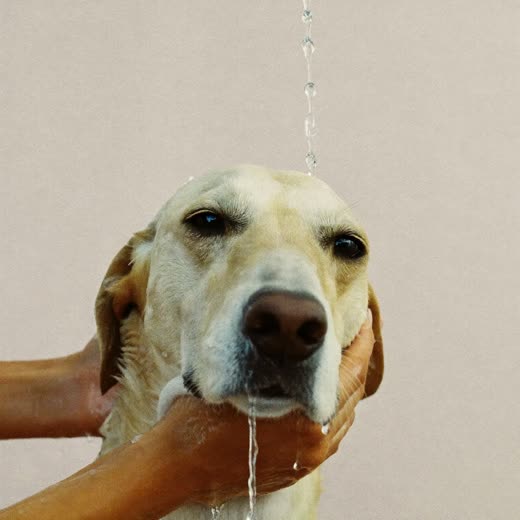 A dog being bathed, hands lathering its wet coat